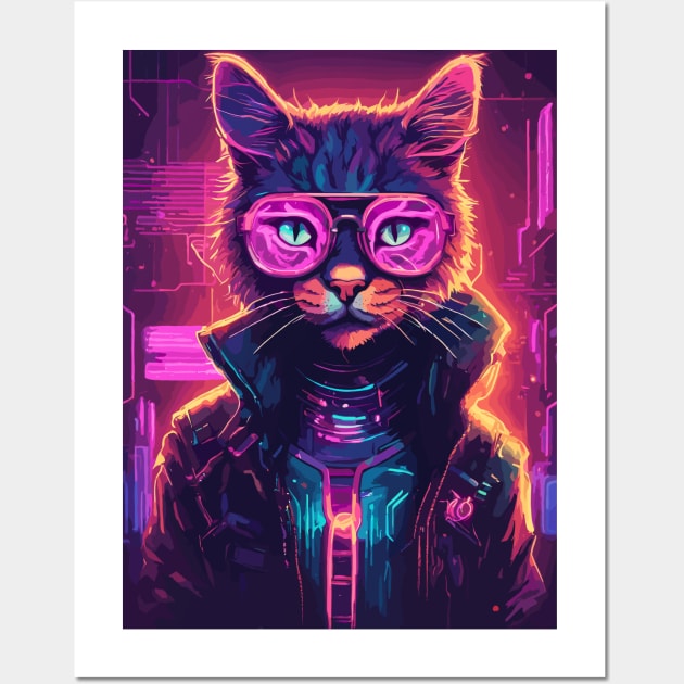 Futuristic Cyberpunk Neon Cat Wearing Glasses Wall Art by Art-Jiyuu